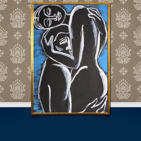 Seductive Embrace Painting Minimalist Nude Couple In Passionate Hug Blue And Black Romantic Artwork Sensual Wall Art Gift