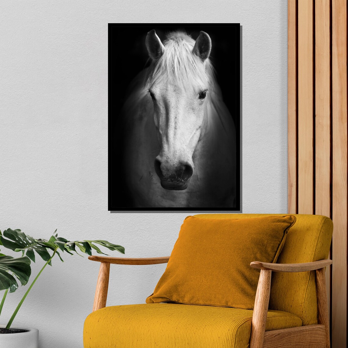 Serene White Horse Close Up Portrait In Black And White Poster - Image 4