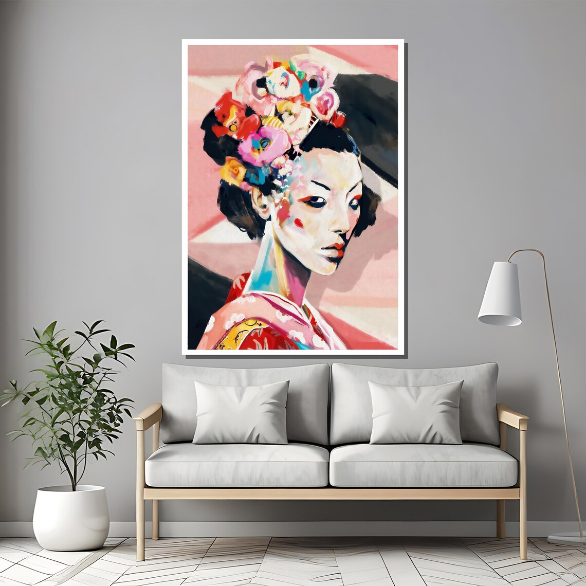 Modern Geisha With Flower Hair Pink Kimono Painterly Art Poster - Image 2