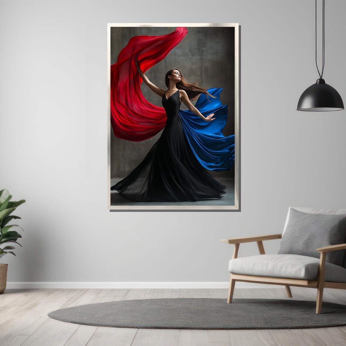 Dancer in Black Dress with Flowing Red Blue Silk Fabric Art Poster - Image 3