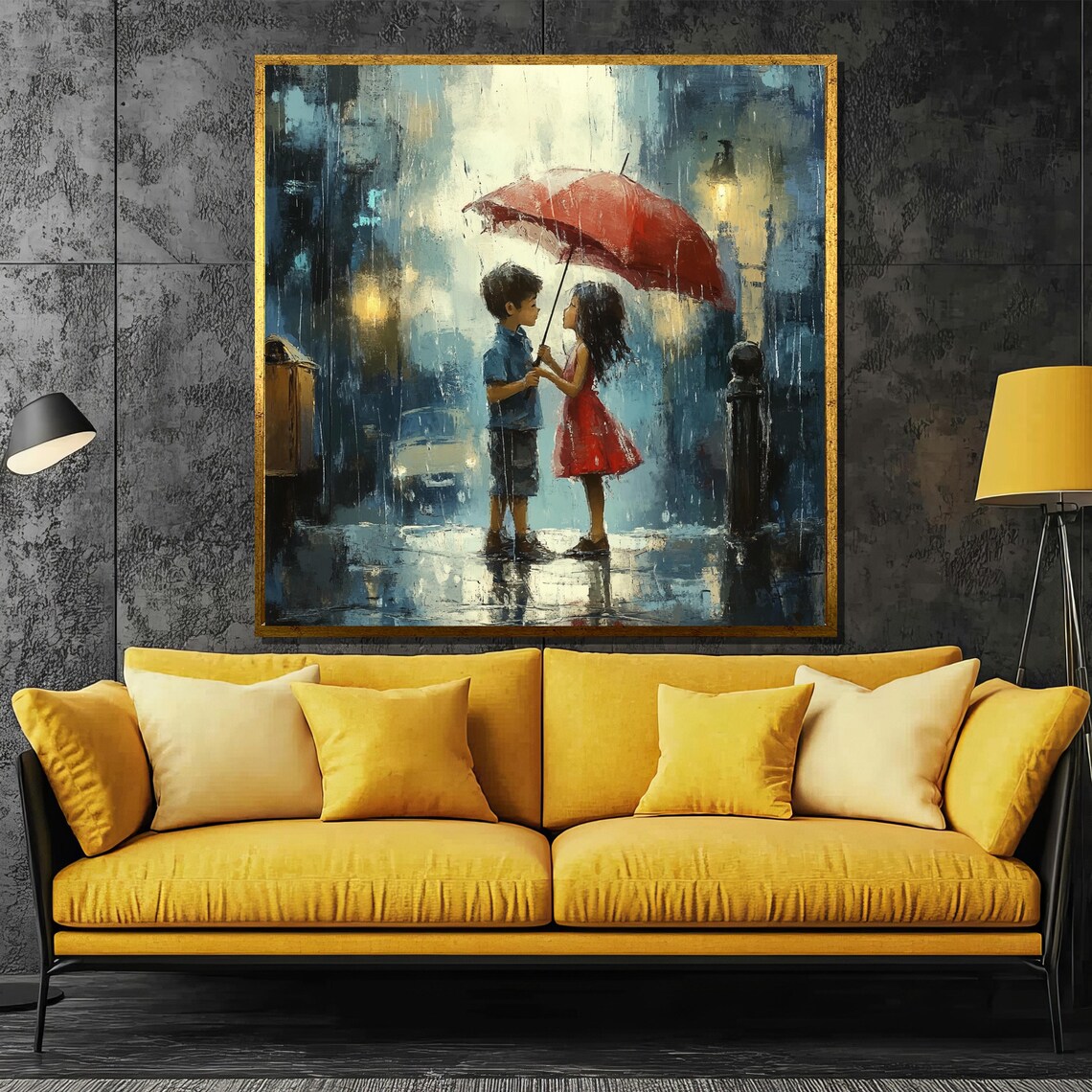 Children With Red Umbrella In Rain City Street Sweet Art Poster