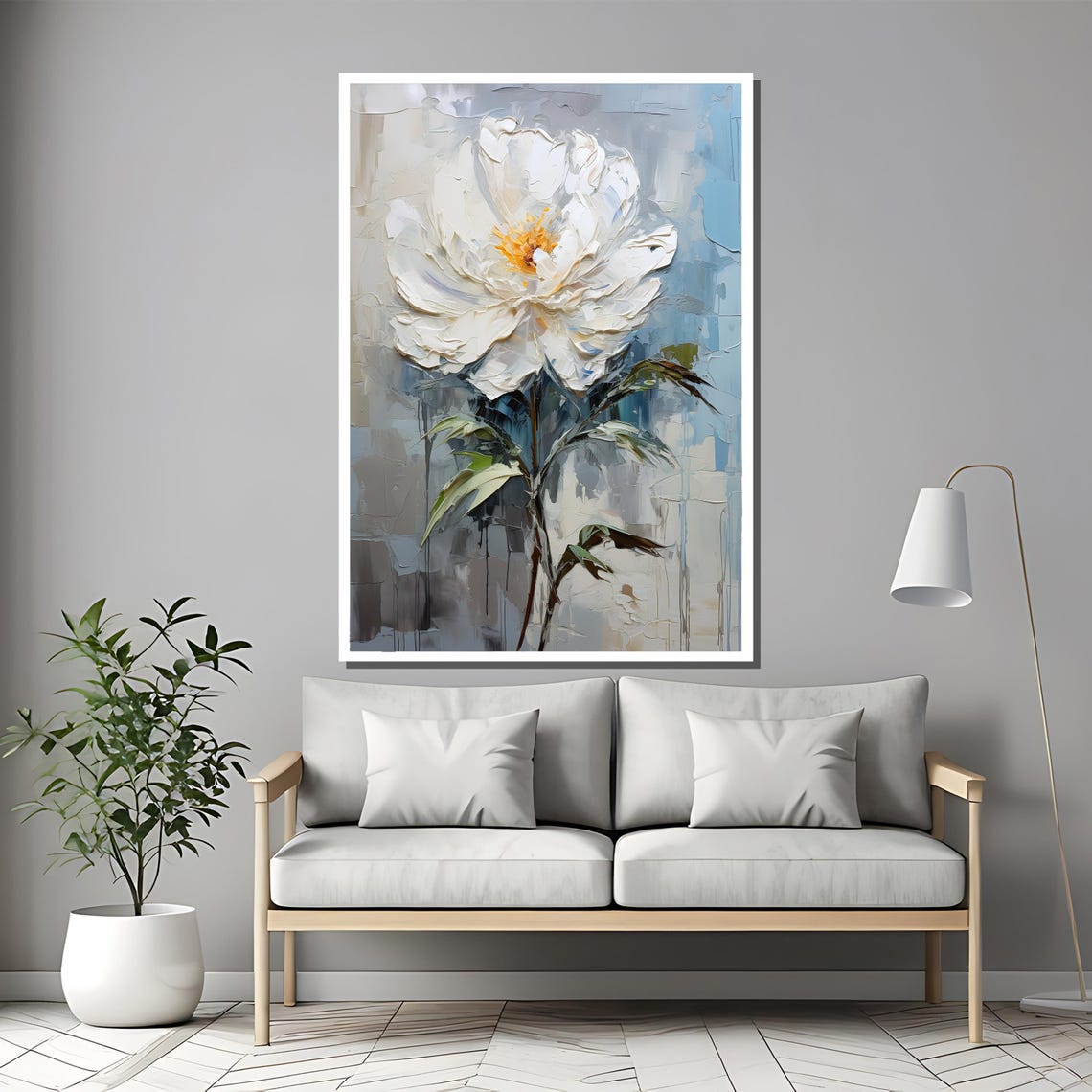White Peony Thick Impasto Bloom Soft Gray Botanical Art Poster - Image 2