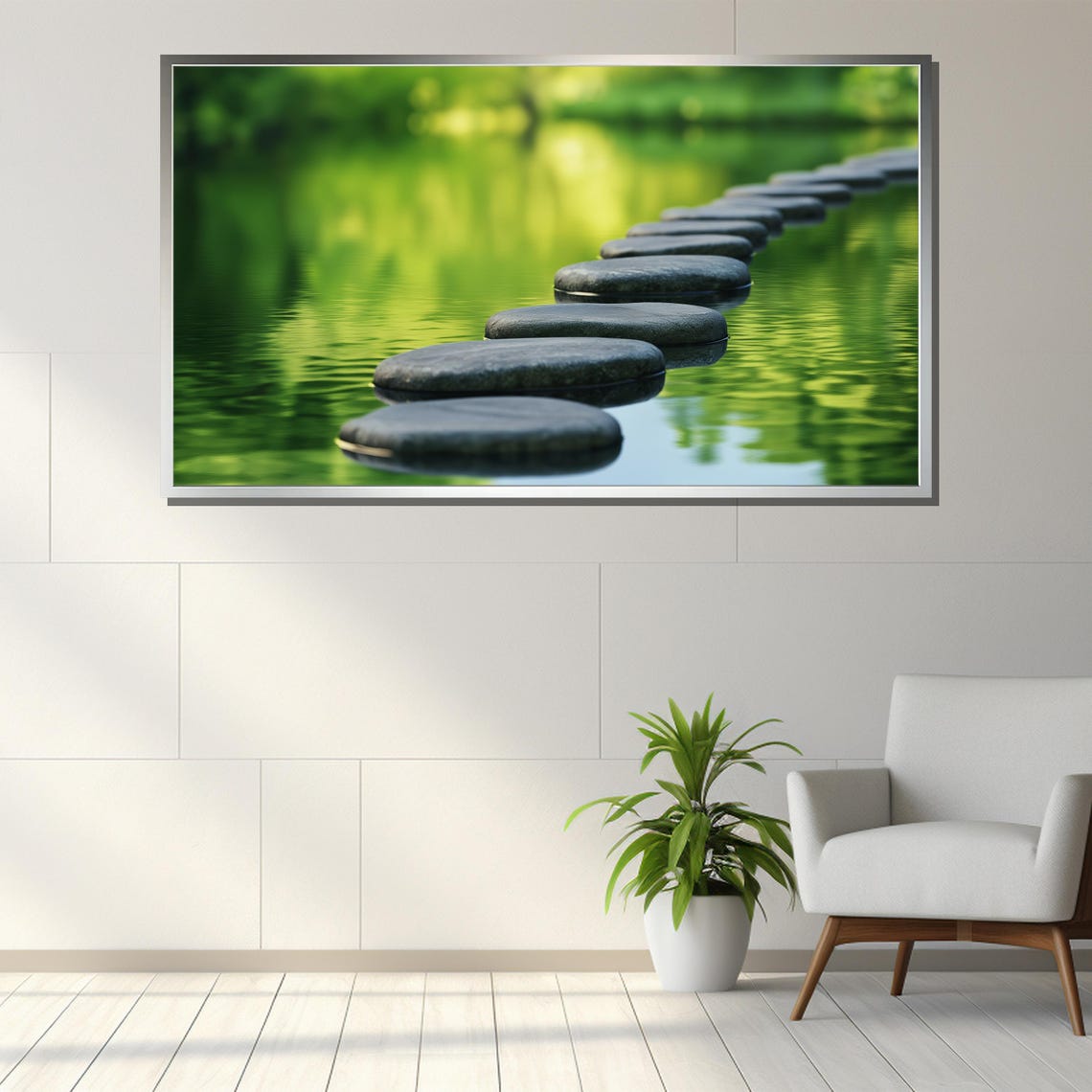 Stepping Stones Crossing a Calm Green Pond in Zen Art Poster - Image 3