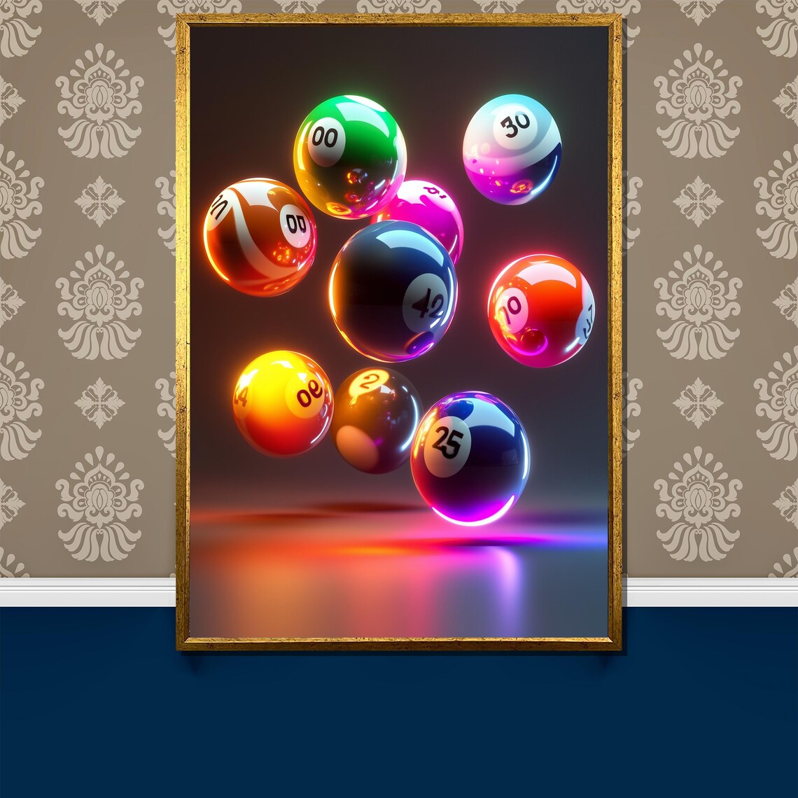 Neon Billiard Balls Glowing in Dark Futuristic 3D Art Poster