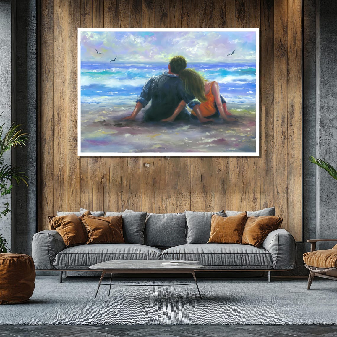 Couple Sitting On The Beach Watching Ocean Waves And Seagulls Poster - Image 2
