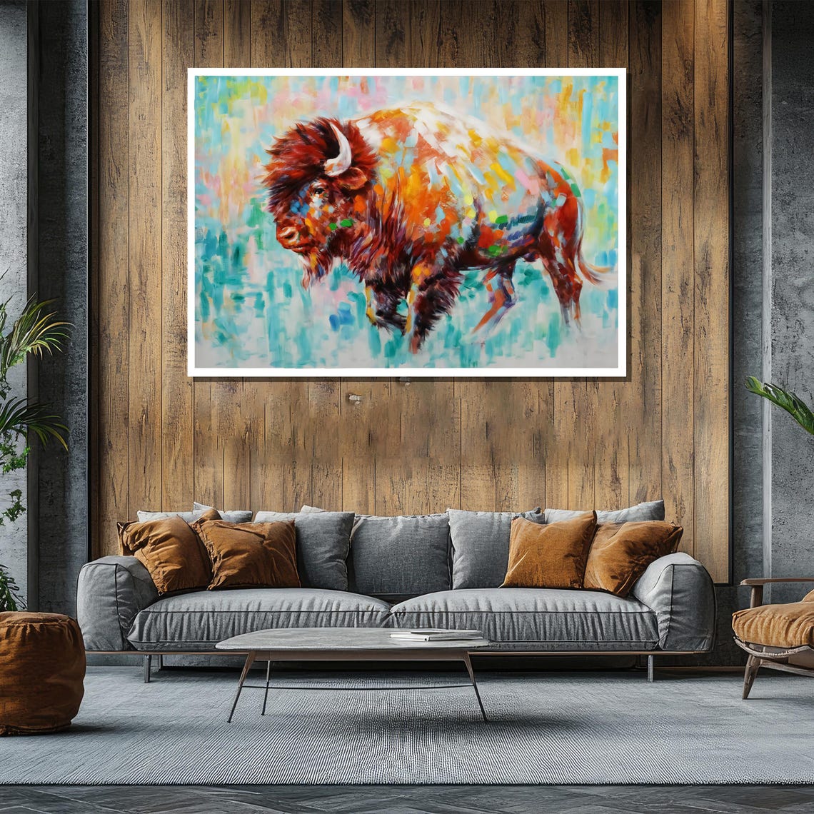 Colorful Impressionist Bison Painting on Turquoise Art Poster - Image 2