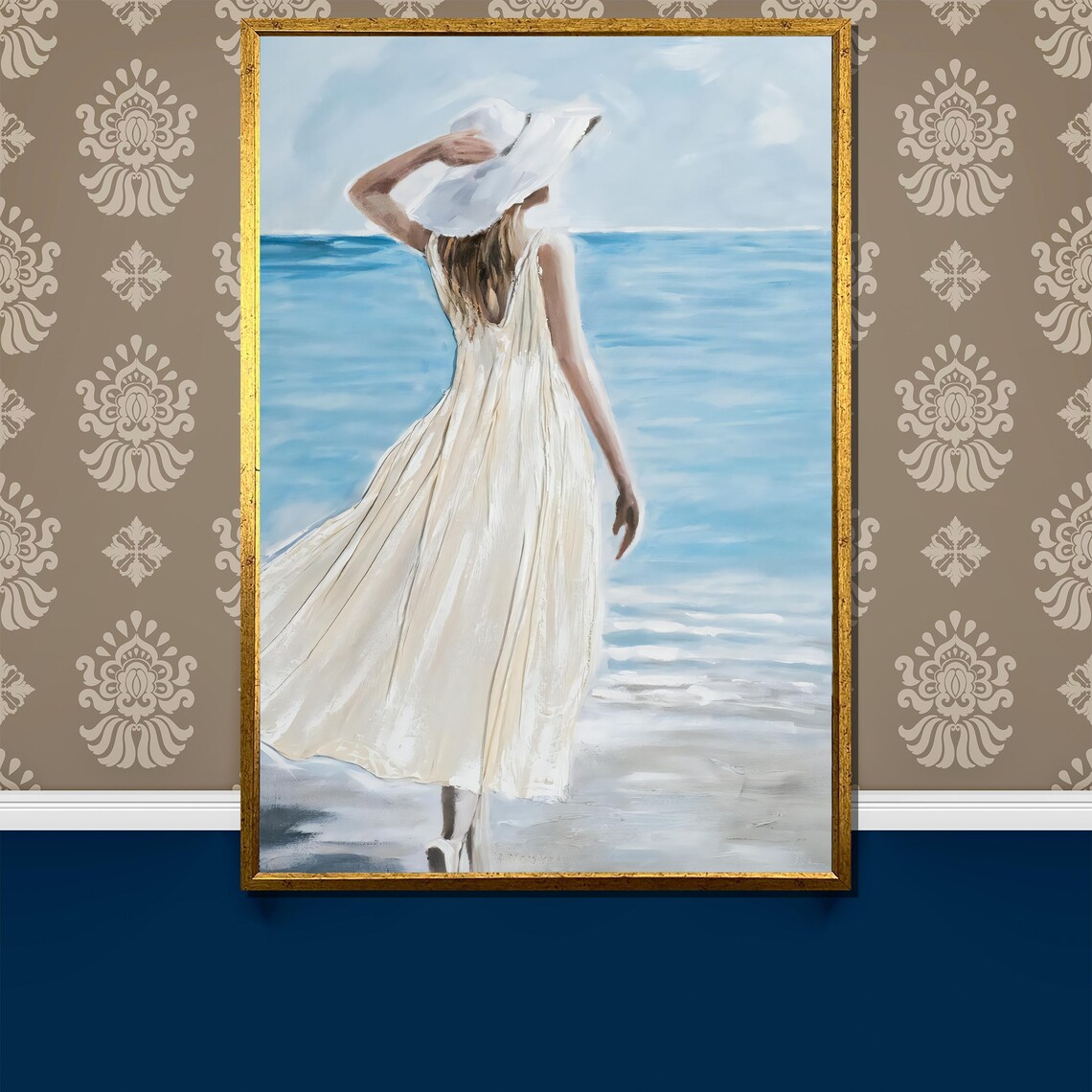 Woman in White Dress and Hat Walking on a Tranquil Beach Poster