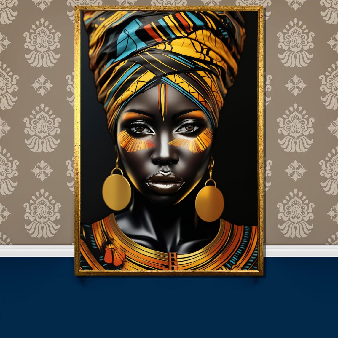 Bold African Queen In Yellow Patterned Headwrap Tribal Art Poster