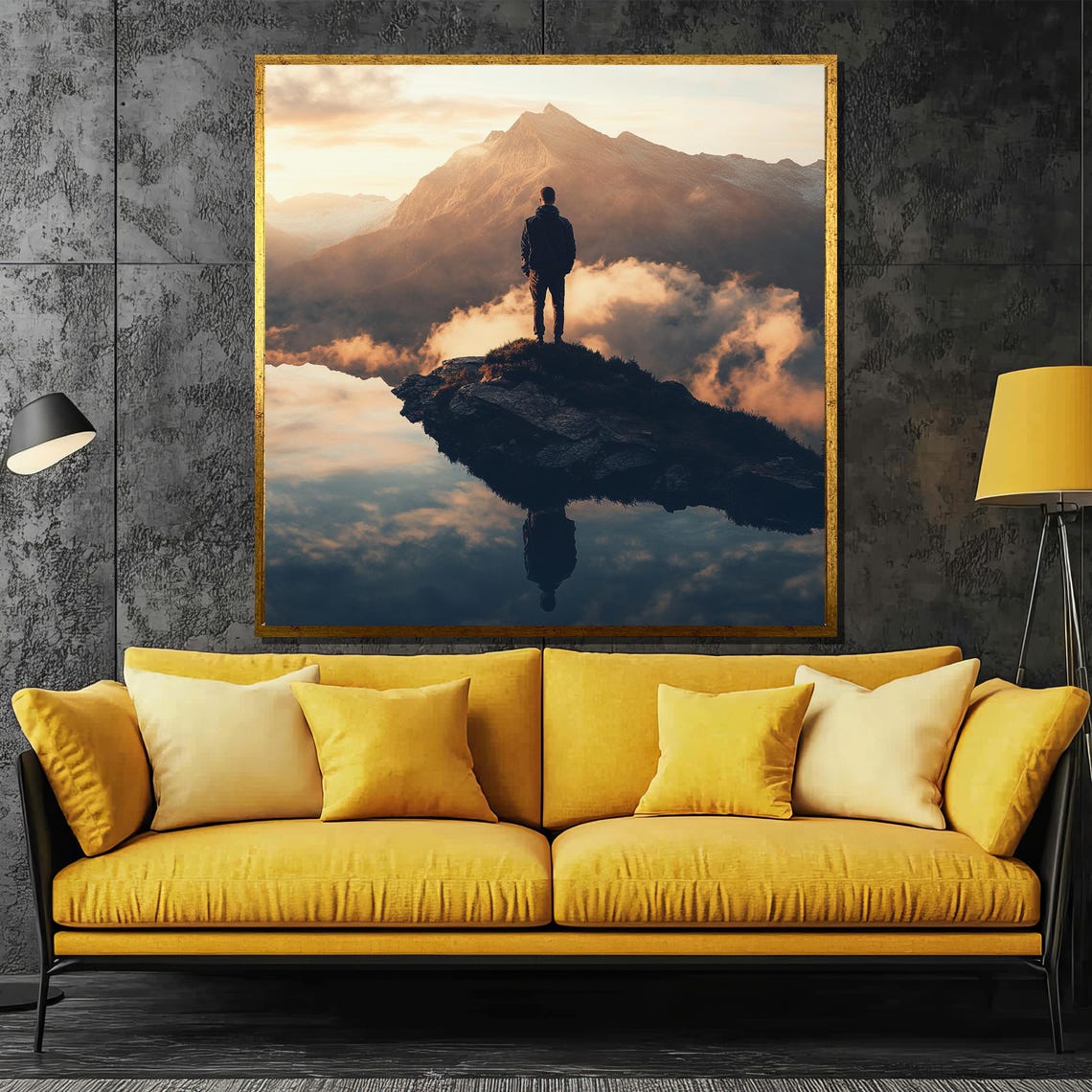 Mountain Explorer Painting Adventure Landscape Art Traveler At Sunset Nature Reflection Wall Decor Gift For Hikers
