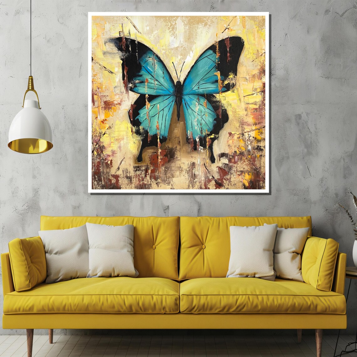 Vivid Blue Butterfly On Textured Golden Abstract Background Poster - Image 2