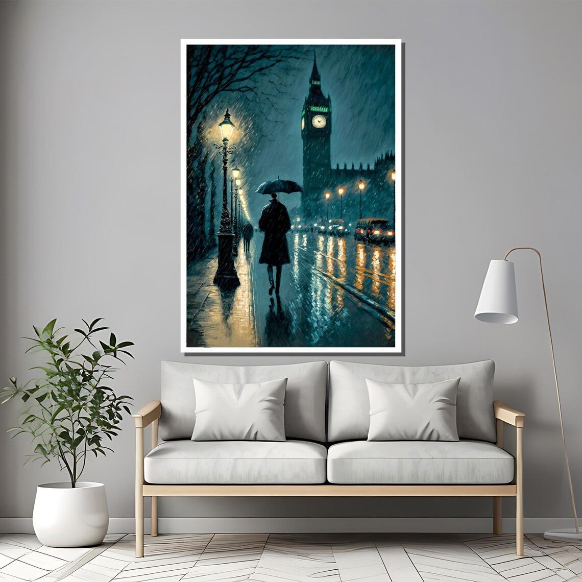 Rainy Night London Big Ben Glowing Clock Moody Travel Poster - Image 2
