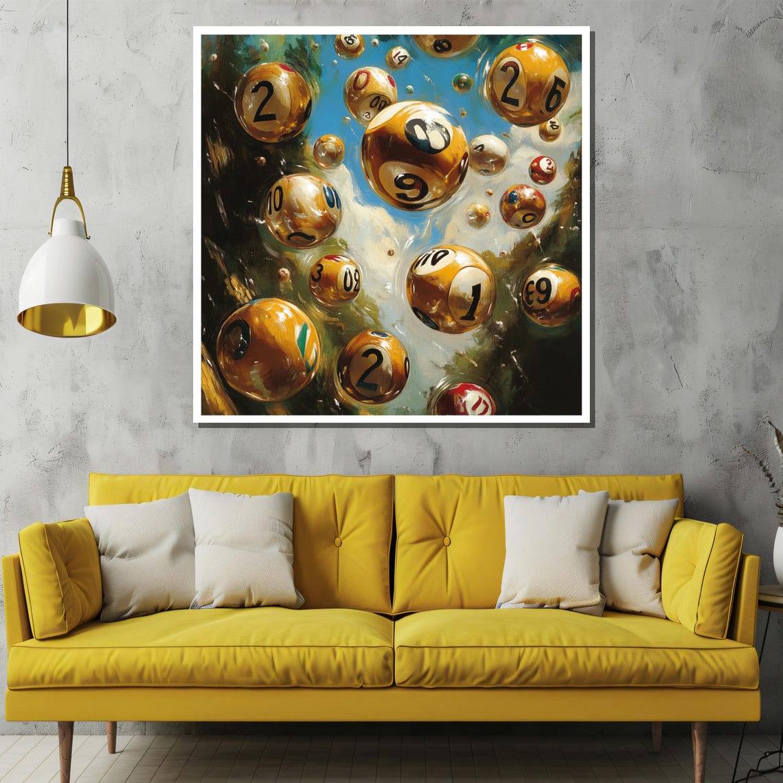 Surreal Golden Numbered Balls Floating in a Dreamy Blue Sky Poster - Image 2