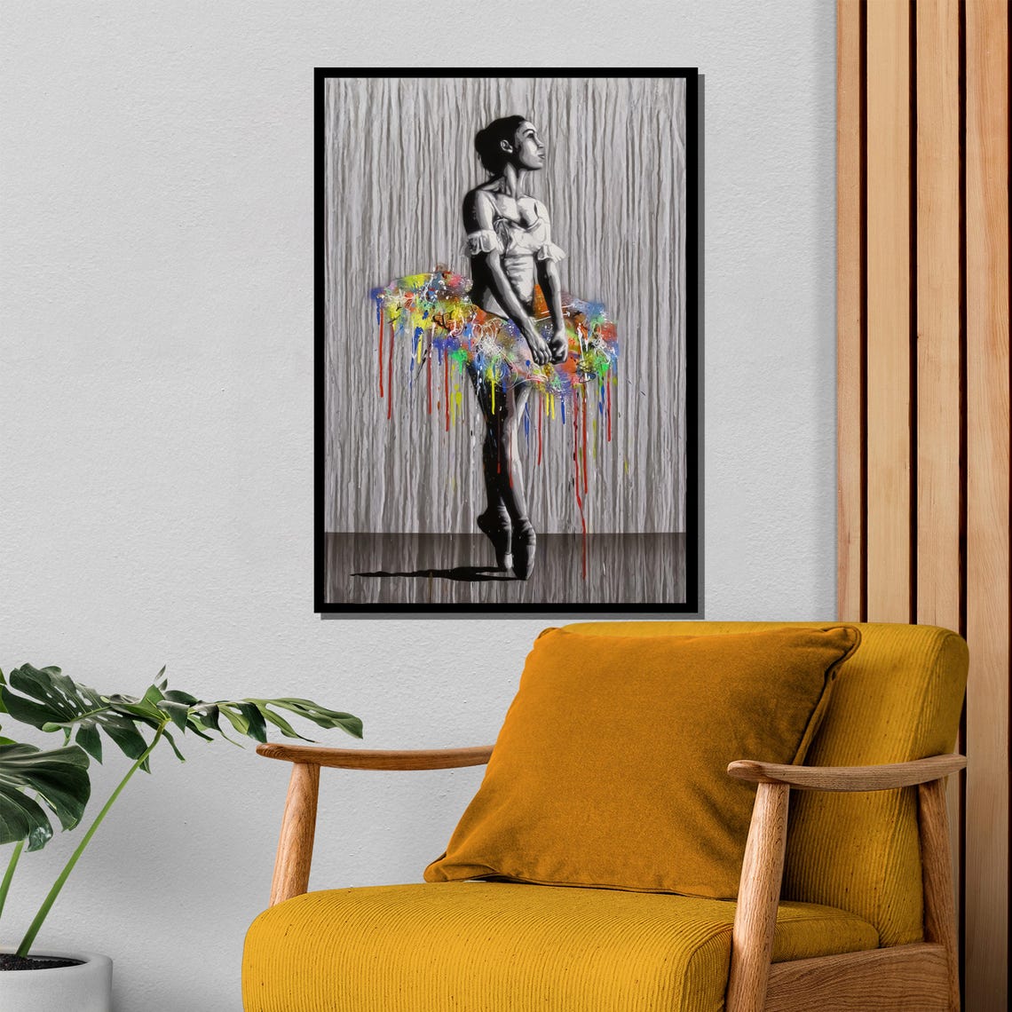 Monochrome Ballerina Dripping Paint Tutu Grey Background Poster - Image 4