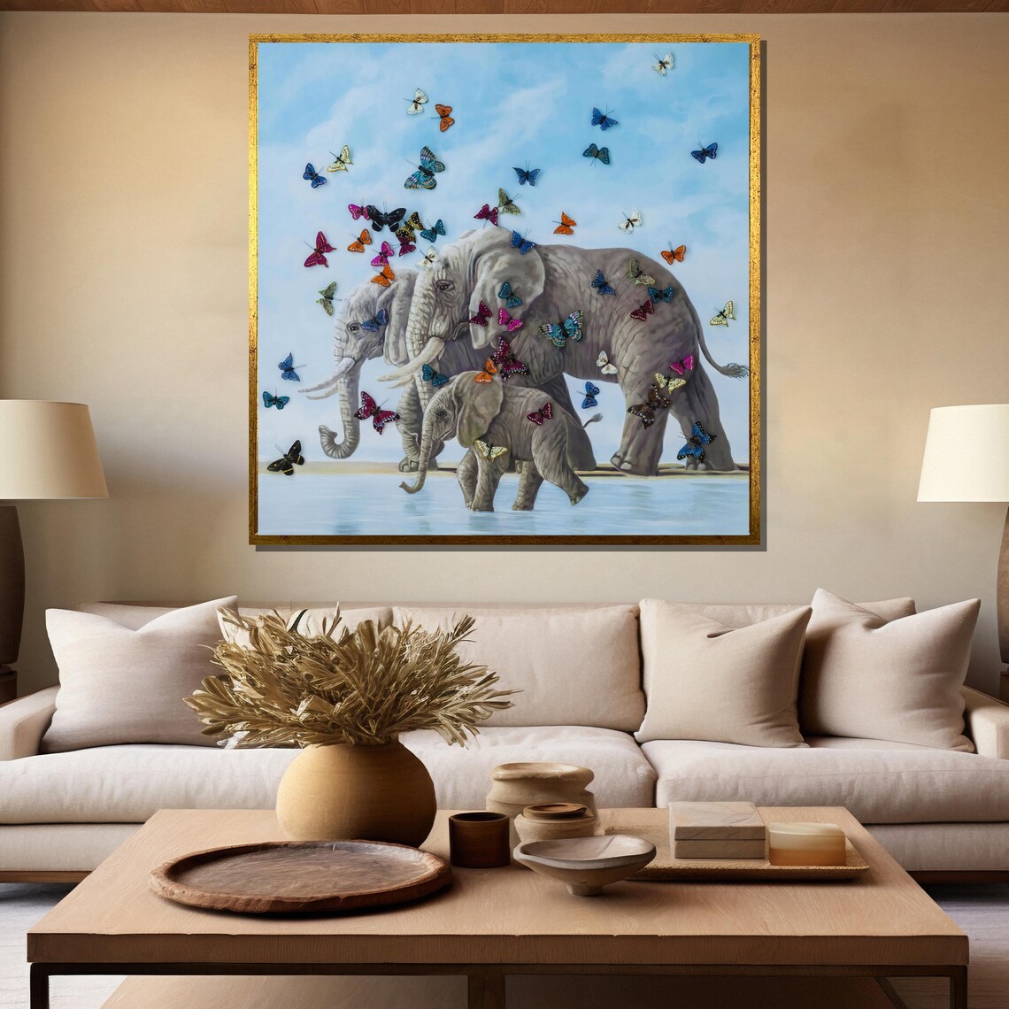 Elephant Family Walking Beneath A Sky Of Colorful Butterflies Poster - Image 5