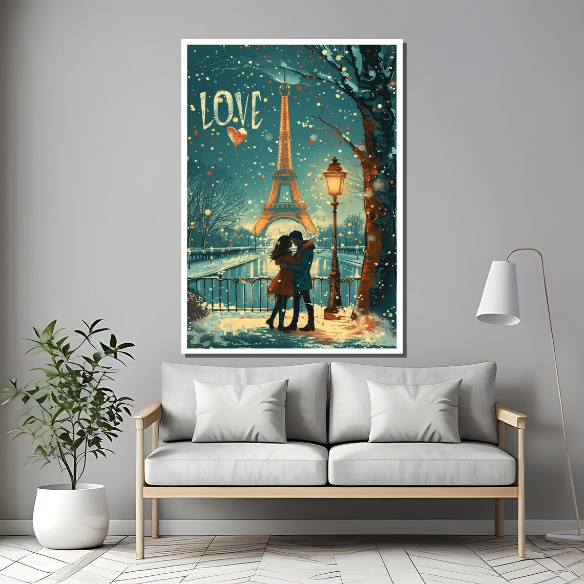 Winter Paris Eiffel Tower With Kissing Couple In Love Art Poster - Image 2