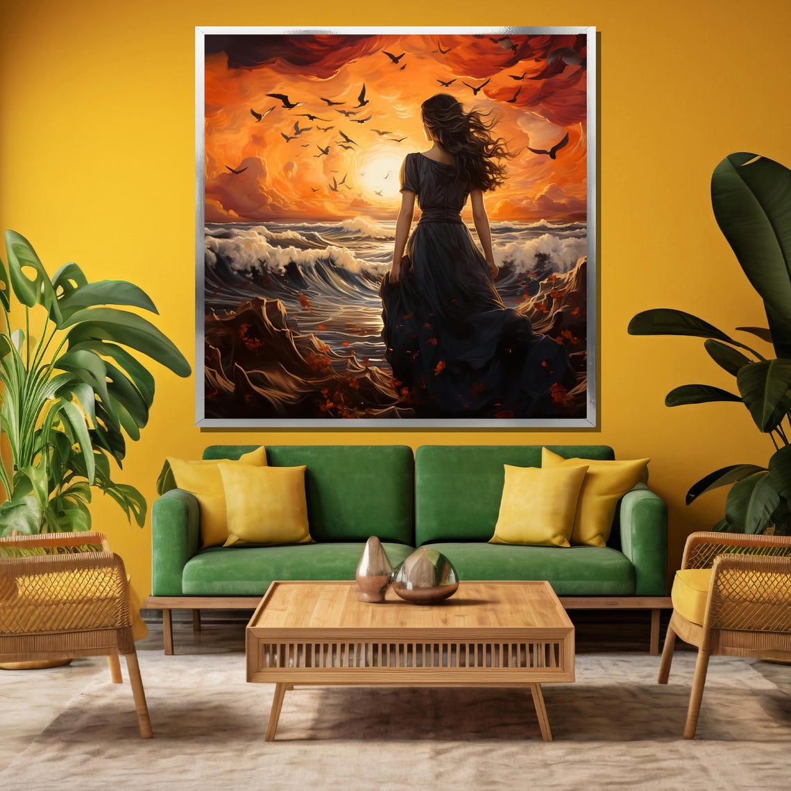 Woman Before Sunset Ocean Waves Seabirds Drama Painting Poster - Image 3