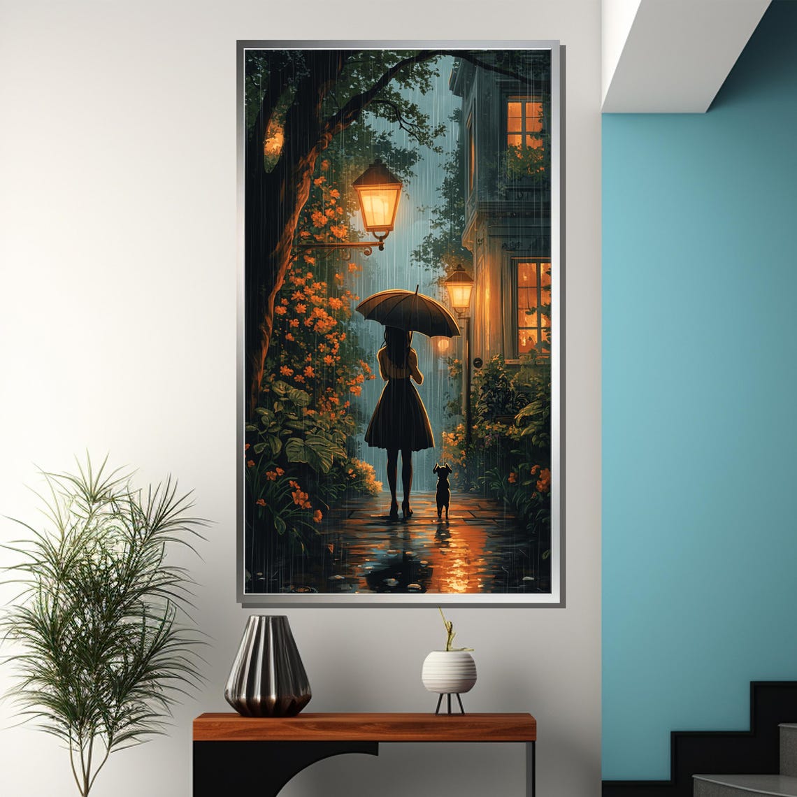Rainy Night Street Girl With Umbrella And Dog Lamp Light Poster - Image 3