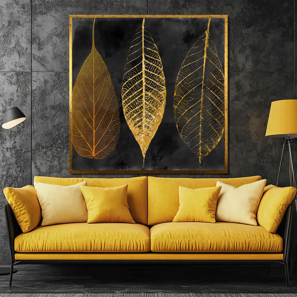 Three Golden Leaves On Black Modern Botanical Dark Night Poster