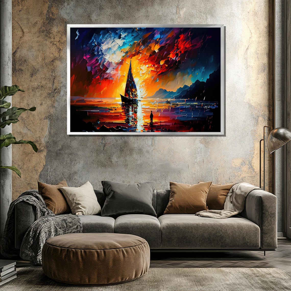Lone Sailboat Under Fiery Red Impasto Sky Dramatic Seascape Poster - Image 3