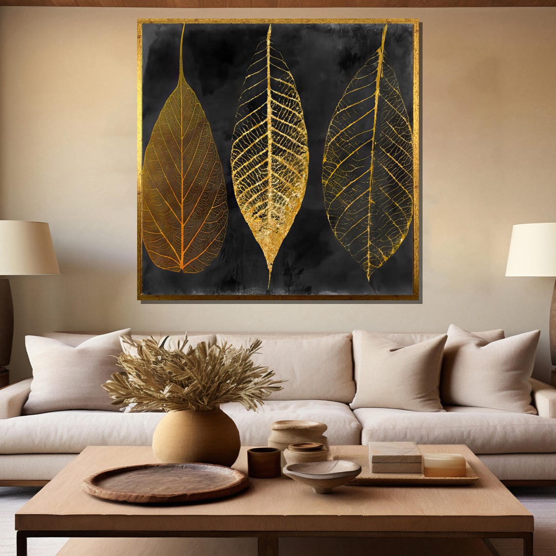 Three Golden Leaves On Black Modern Botanical Dark Night Poster - Image 5