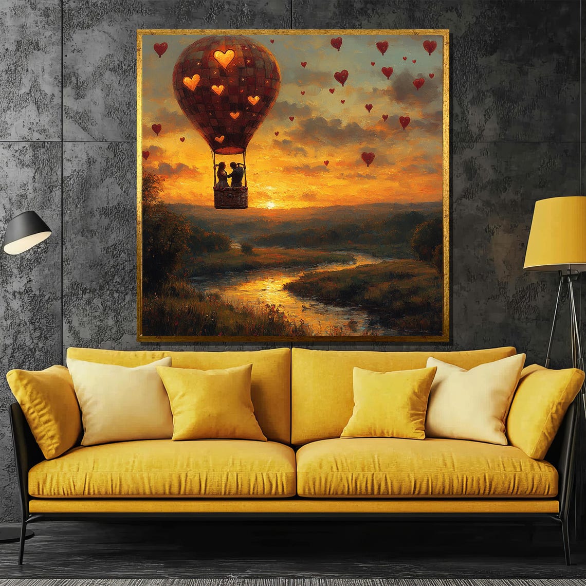 Love in the Clouds Heart Pattern Hot Air Balloon Sunset Flight Poster