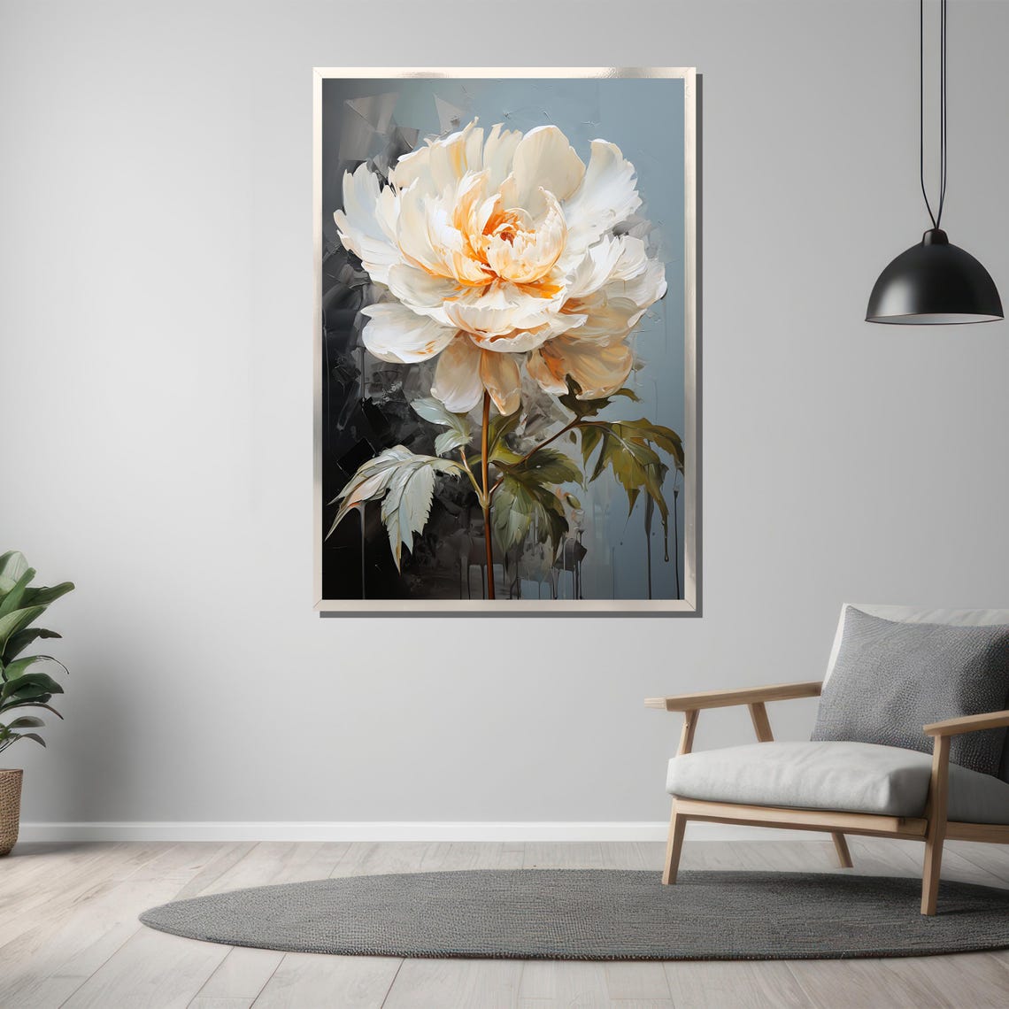 White Peony with Peach Center on a Dark Drip Background Poster - Image 3