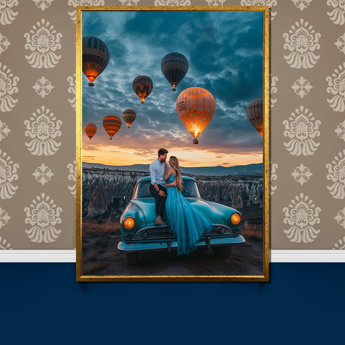 Couple On Vintage Car Cappadocia Balloons Sunset Travel Art Poster