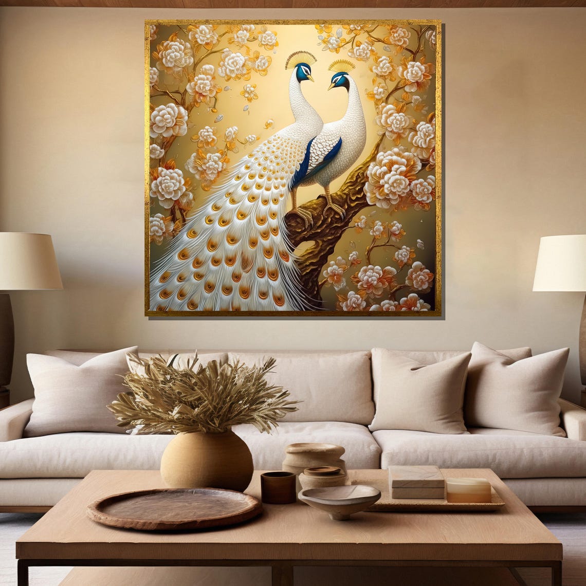 Pair Of White Peacocks Among Golden Blossoms And Branches Poster - Image 5