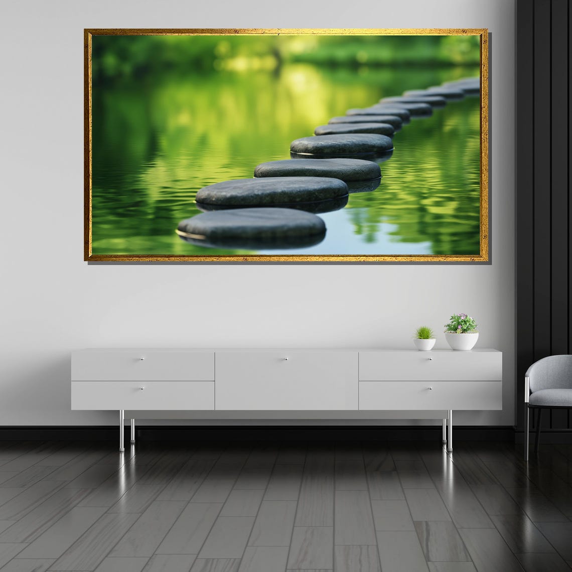 Stepping Stones Crossing a Calm Green Pond in Zen Art Poster - Image 5