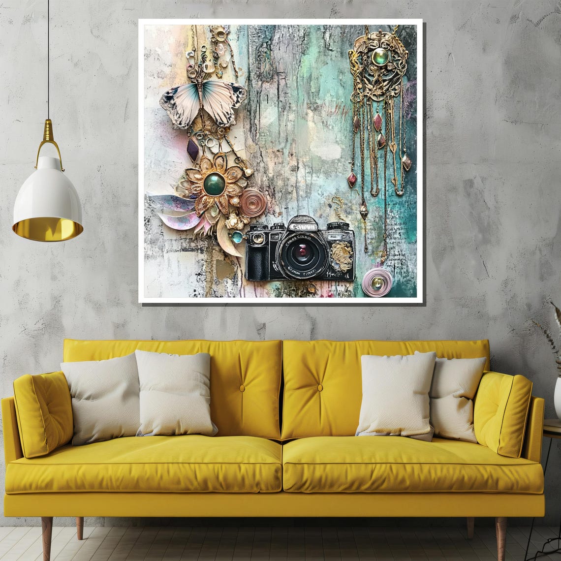 Vintage Camera Mixed Media Jewelry Butterfly Collage Art Poster - Image 2