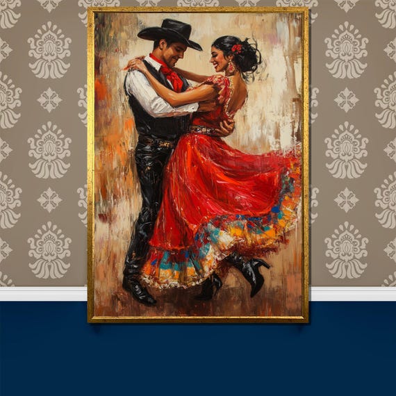 Vibrant Latin Dance Couple Painting Traditional Mexican Attire Passionate Romantic Art Colorful Wall Decor Gift For Dance Lovers