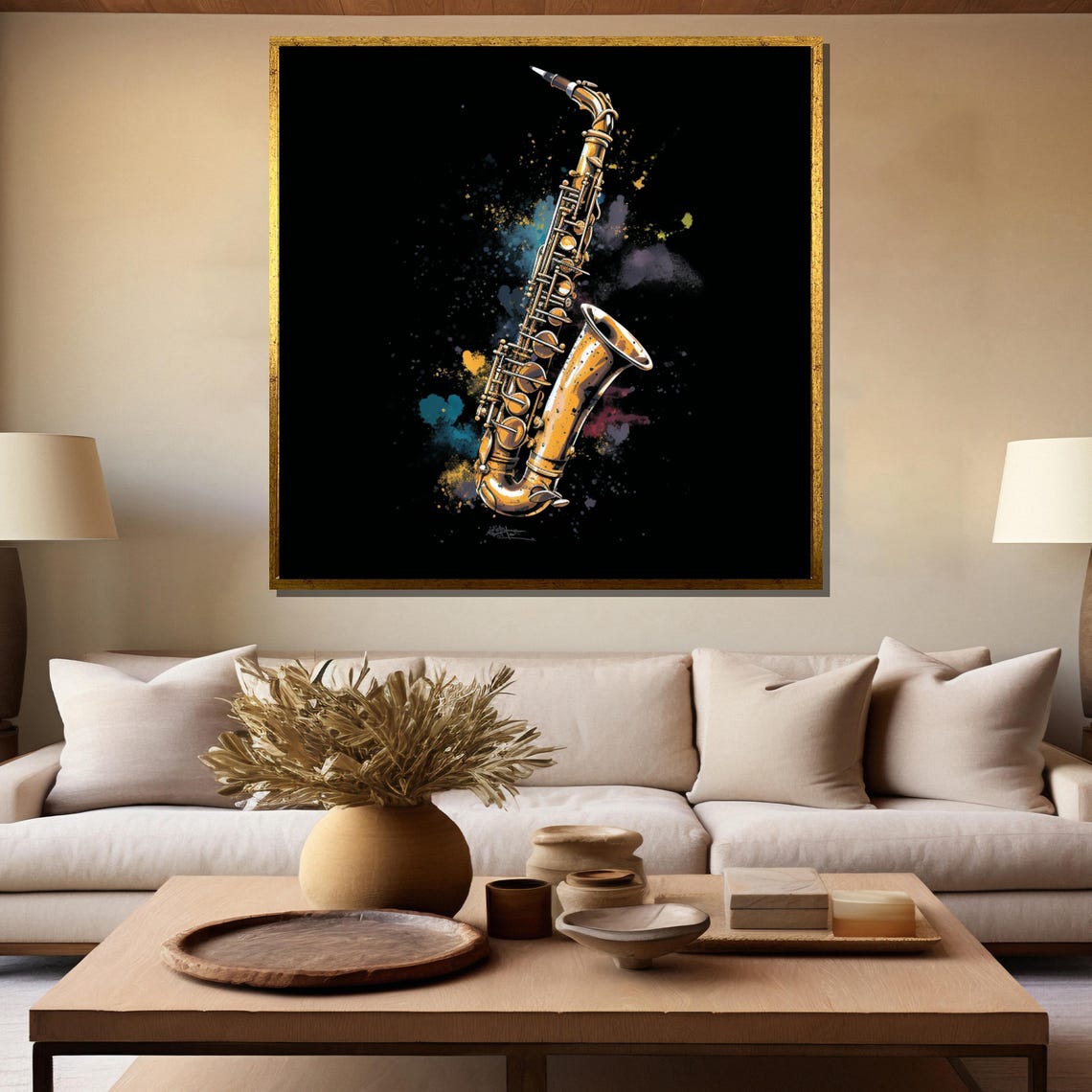 Golden Saxophone on Black With Colorful Paint Splash Art Poster - Image 5