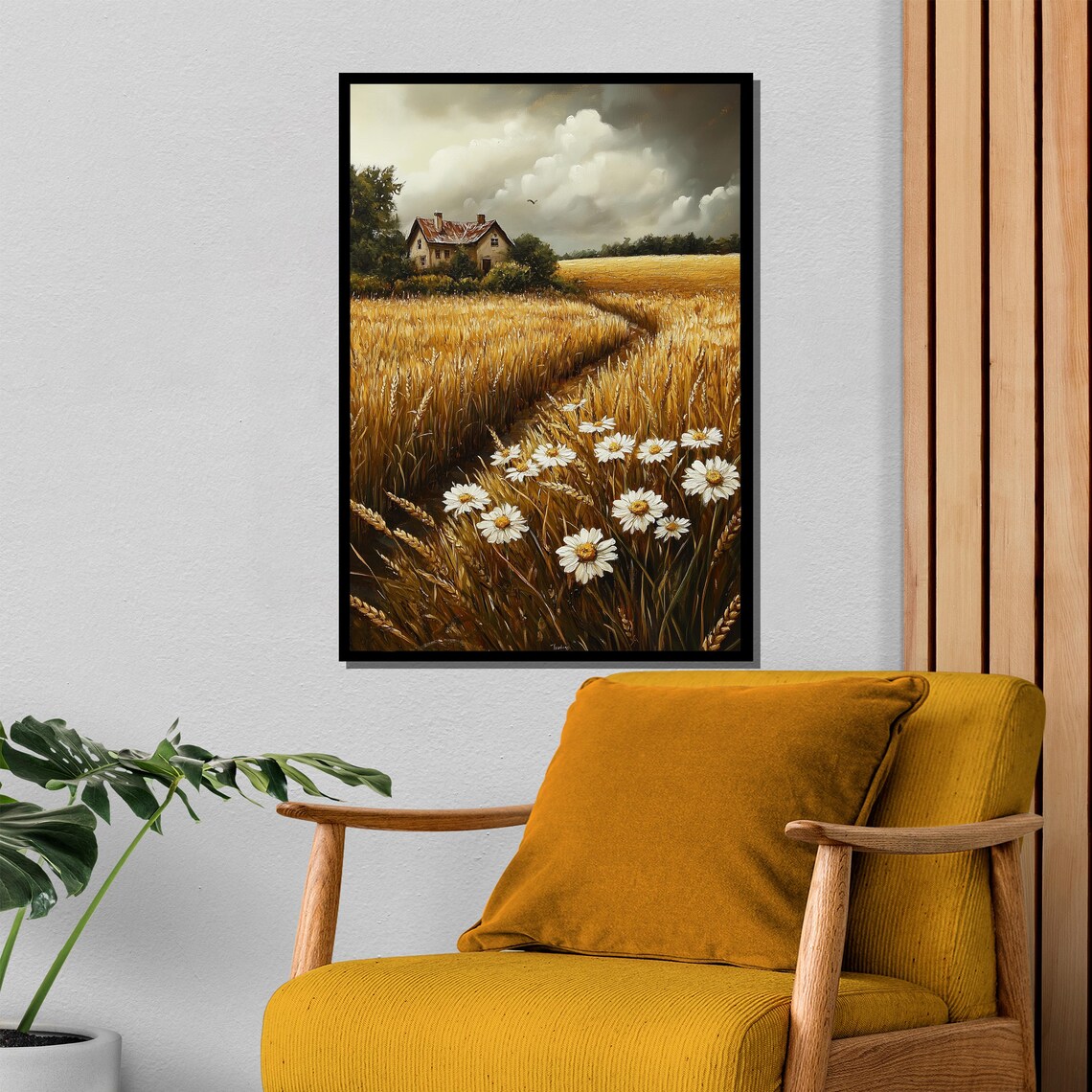 Golden Wheat Field Farmhouse Path with Daisies Painting Poster - Image 4