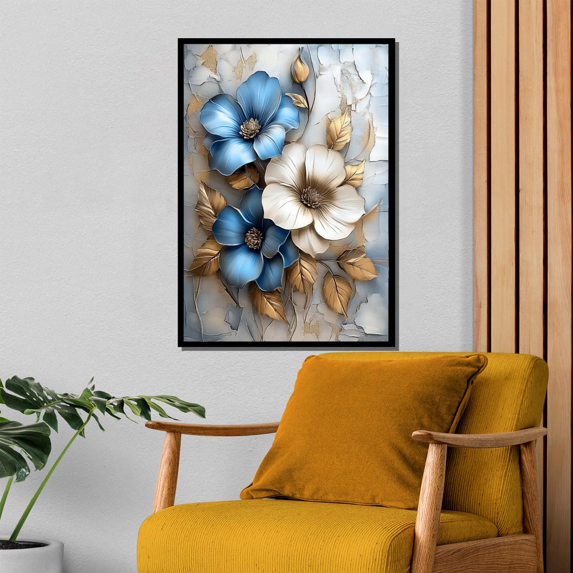 Blue And White Anemone With Gold Leaves Cracked Texture Poster - Image 4