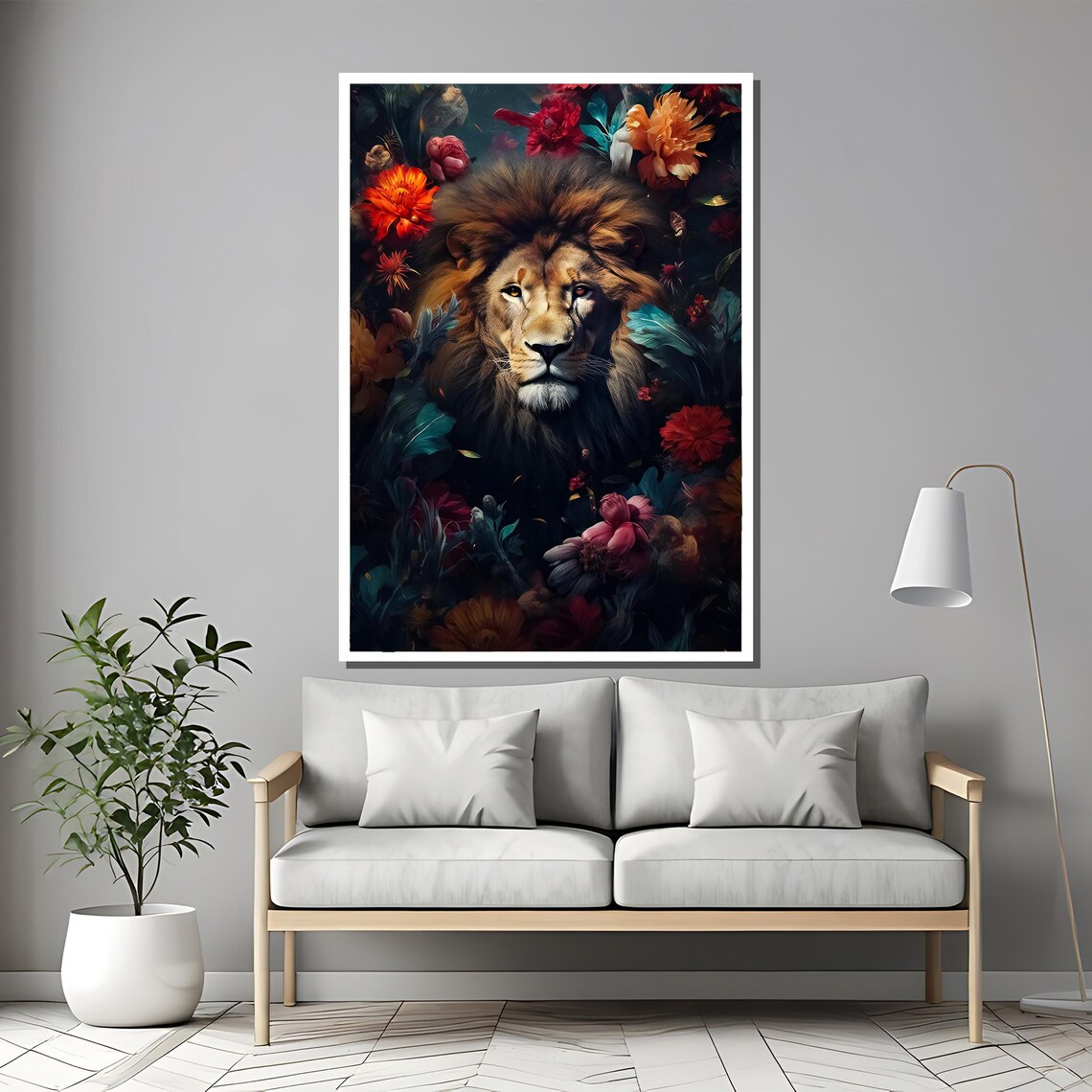 Regal Lion Emerging From A Dark Vibrant Floral Jungle Poster - Image 2