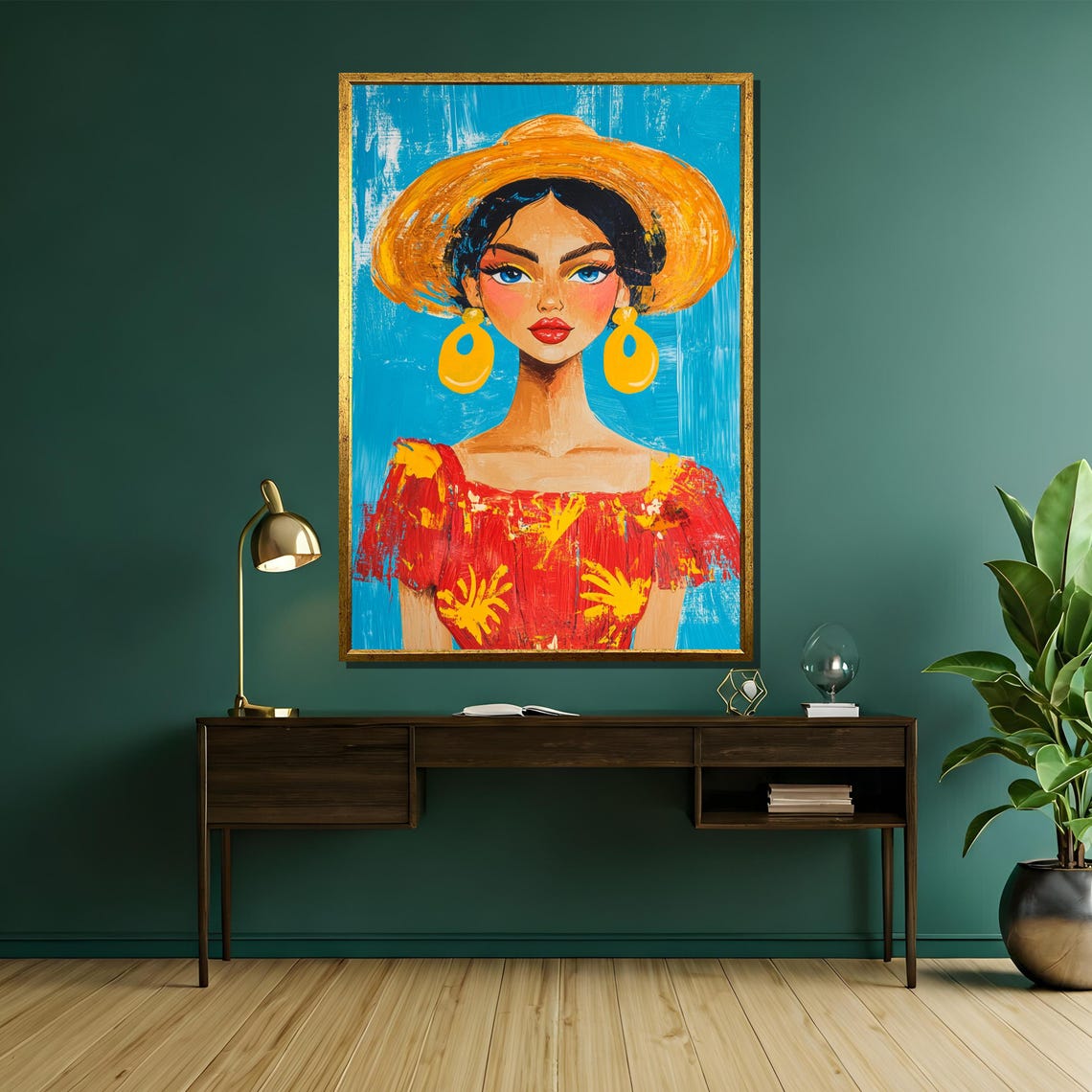 Colorful Summer Woman Portrait Straw Sun Hat Bright Blue Poster - Image 5