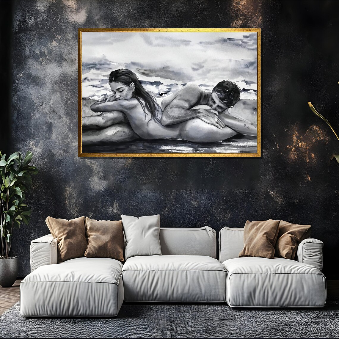 Black And White Couple Resting By The Ocean Shore Watercolor Poster - Image 5
