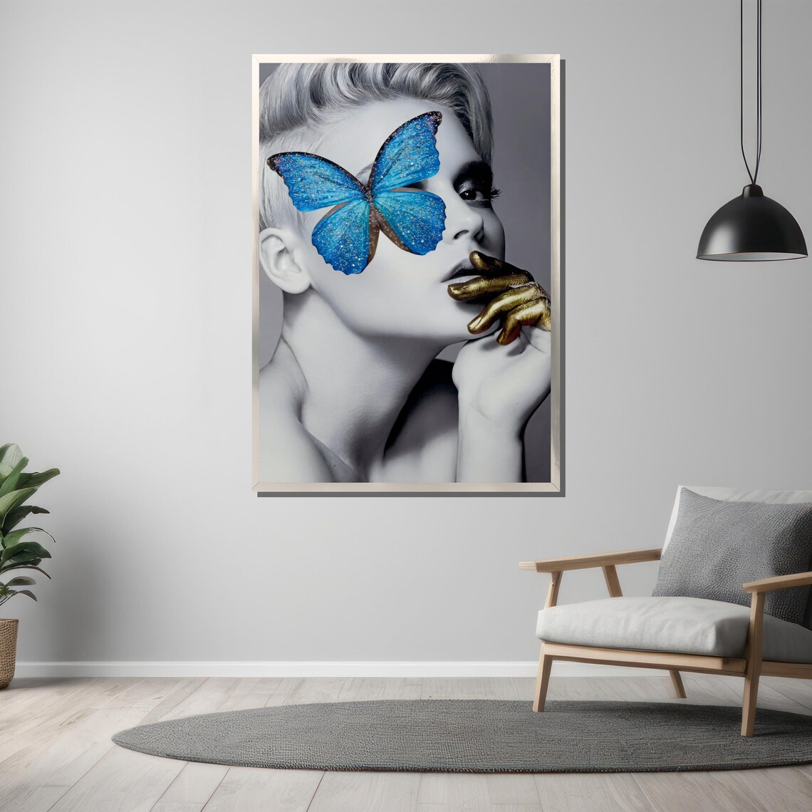 Modern Woman With Blue Butterfly Fashion Black And White Art Poster - Image 3