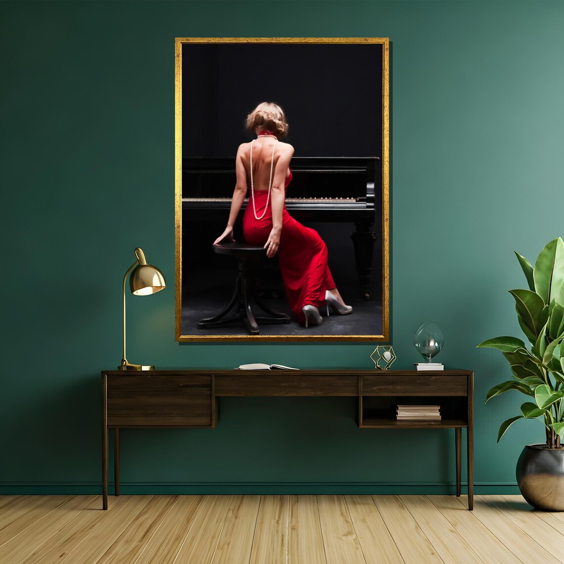 Woman in Red Backless Dress with Pearls at Piano Photo Poster - Image 5