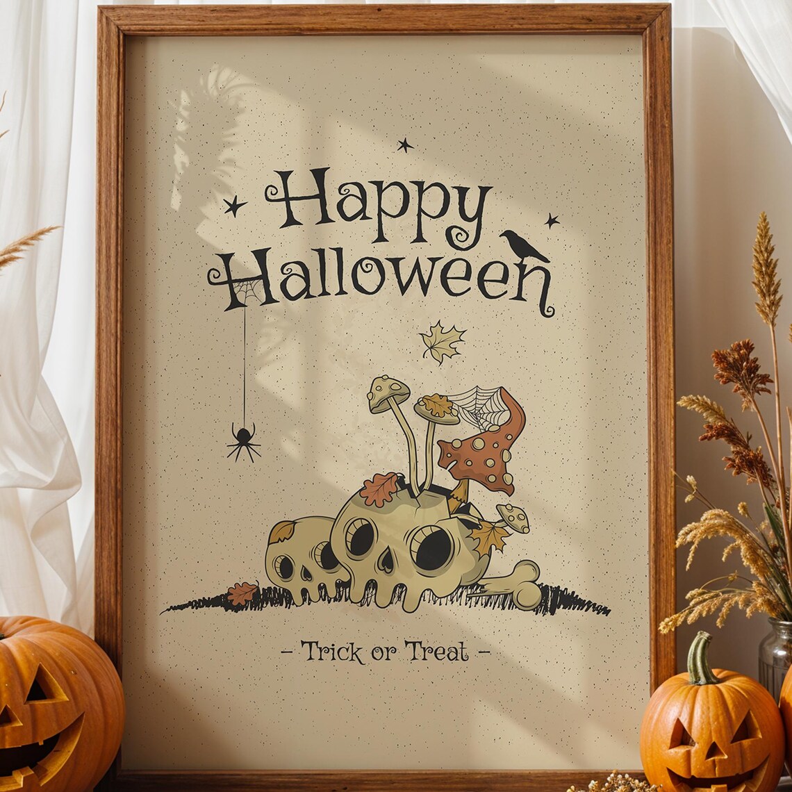 Happy Halloween Trick Or Treat Skull Mushroom Spooky Art Poster