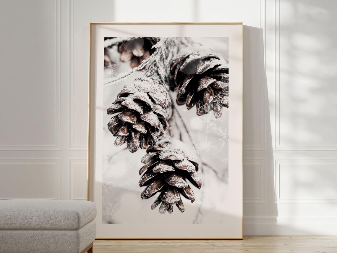 Snow Covered Pine Cones Winter Nature Photography Art Poster
