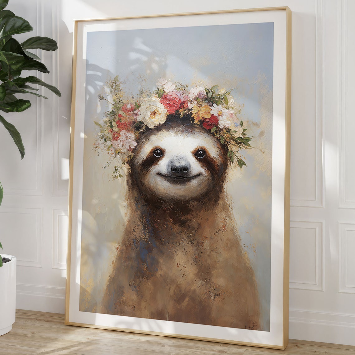 Sloth With Flower Wreath Poster Animal Portrait As Oil Painting Sloth Emil - Image 3