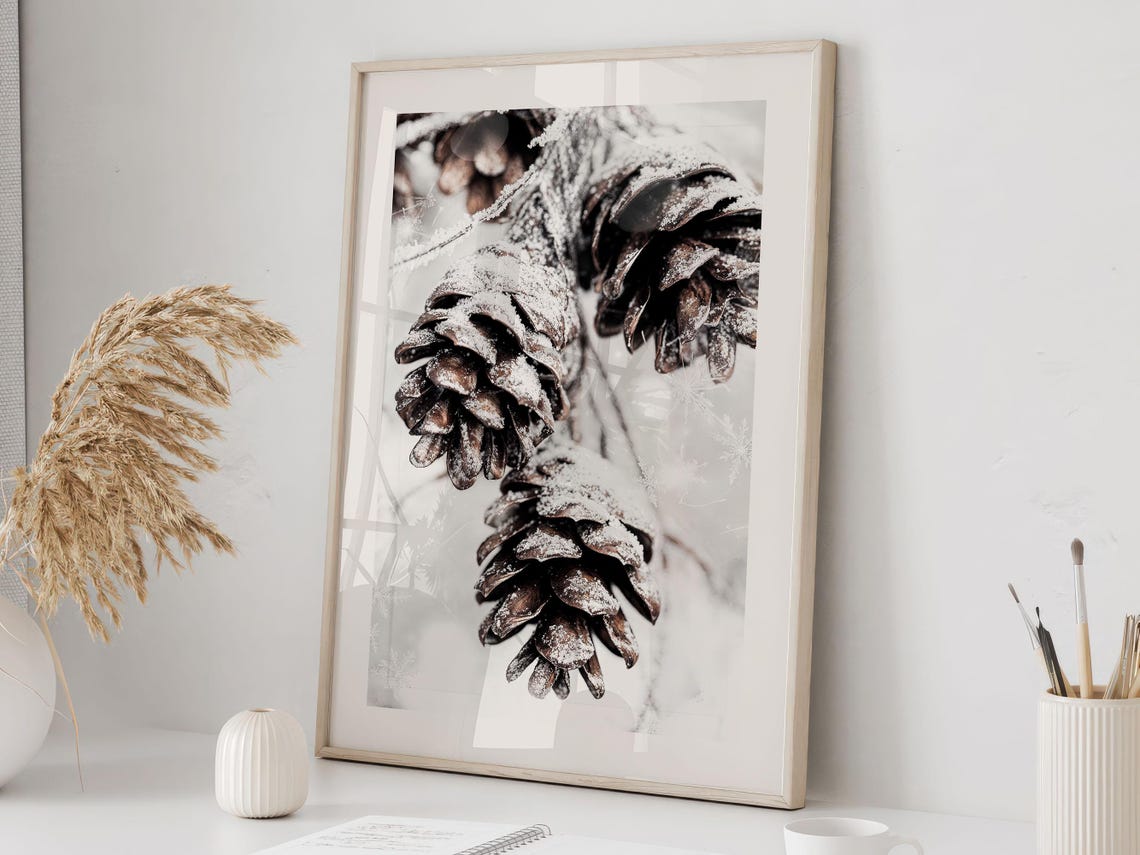 Snow Covered Pine Cones Winter Nature Photography Art Poster - Image 3