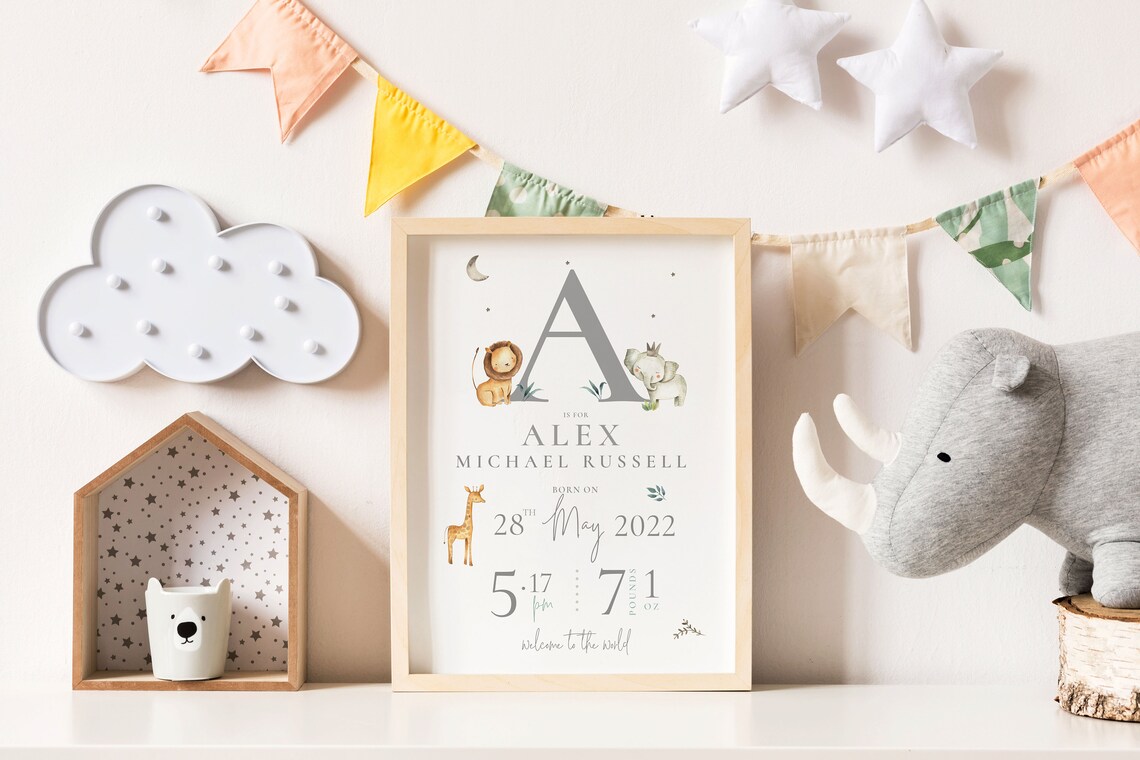 New Baby Birth Stat Nursery Safari Art Print - Image 2