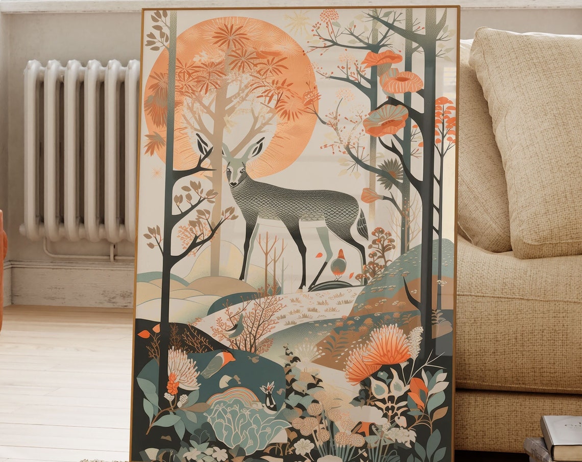 Japandi Deer Forest Poster with Stylized Deer and Orange Sun Zen Art - Image 2