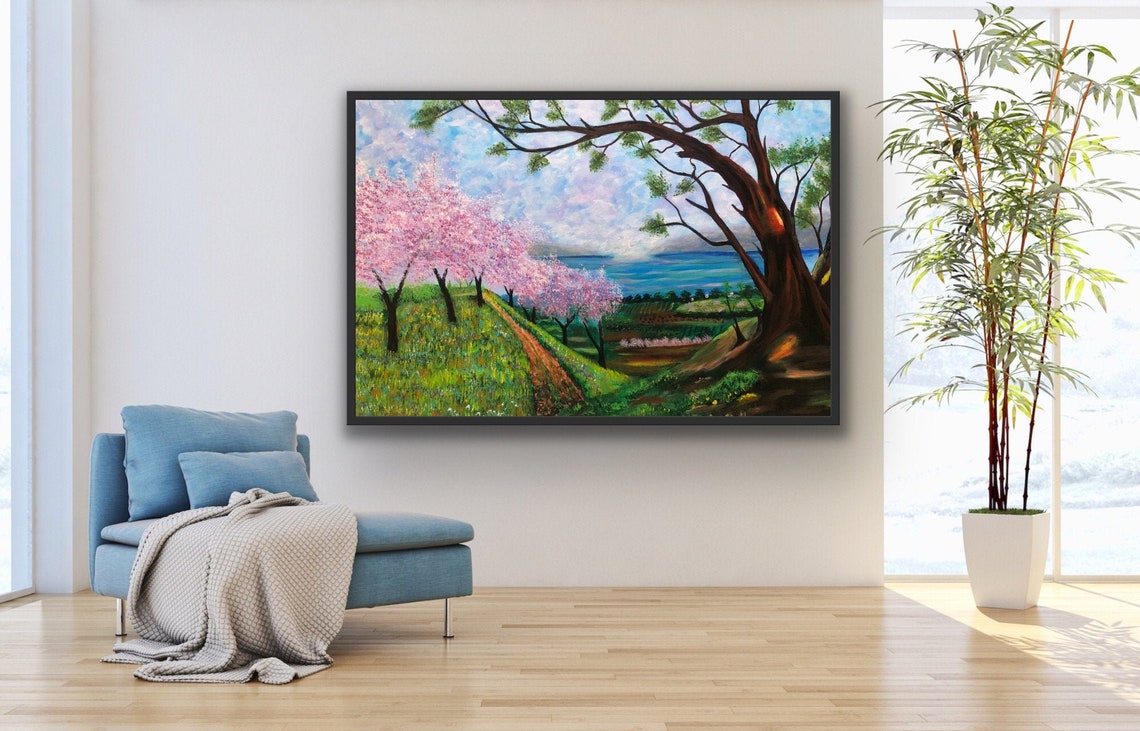 Pink Cherry Blossoms Spring Lakeside Hill Landscape Art Poster