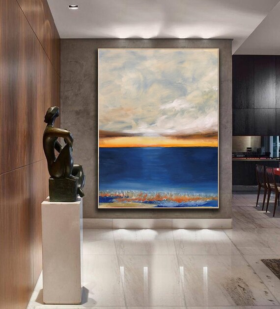 Abstract Blue Ocean Sunset Painting Golden Horizon Calm Sea Art Poster