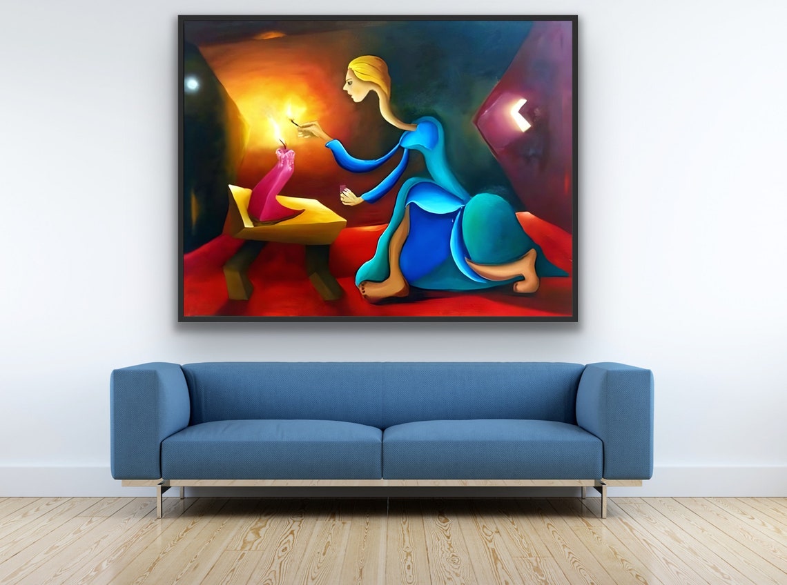 Glowing Woman Lighting Candle in the Dark Blue and Gold Poster - Image 3