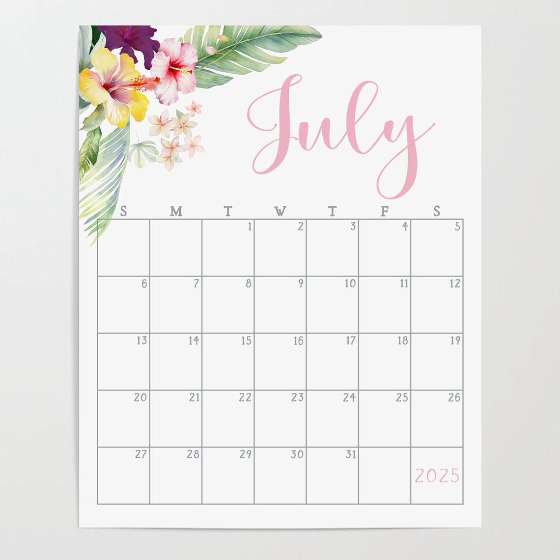 July 2025 Calendar Tropical Hibiscus Flowers Pink Monthly Planner - Image 2
