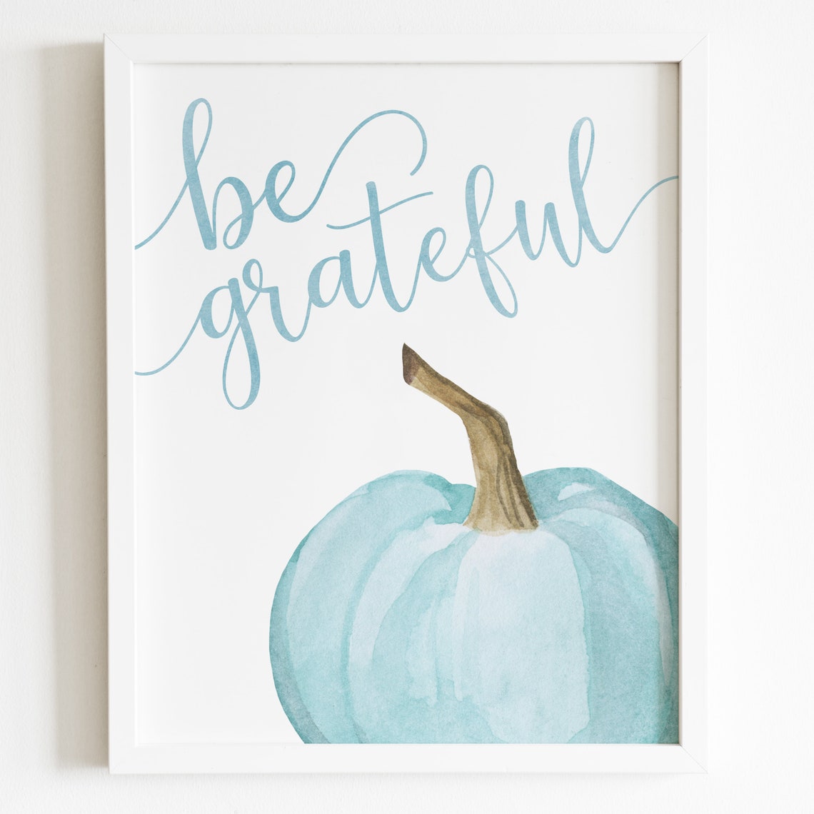 Be Grateful Blue Watercolor Pumpkin Fall Script Quote Wall Art - Image 4